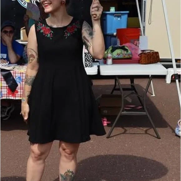 Hell Bunny Black Dress with Red Floral Embroidery - Picture 5 of 5